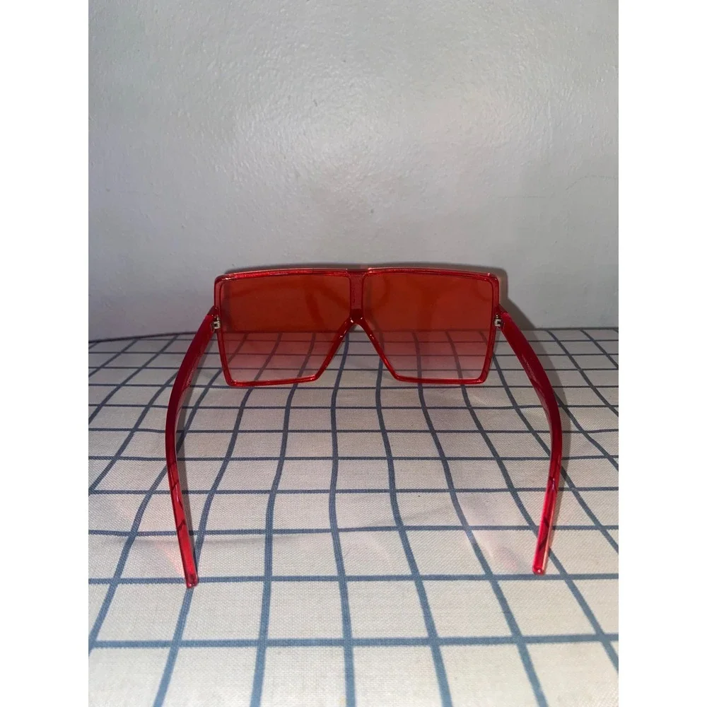 Oversized Red Flat Top Block Shield Sunglasses Square Translucent Frames UV400